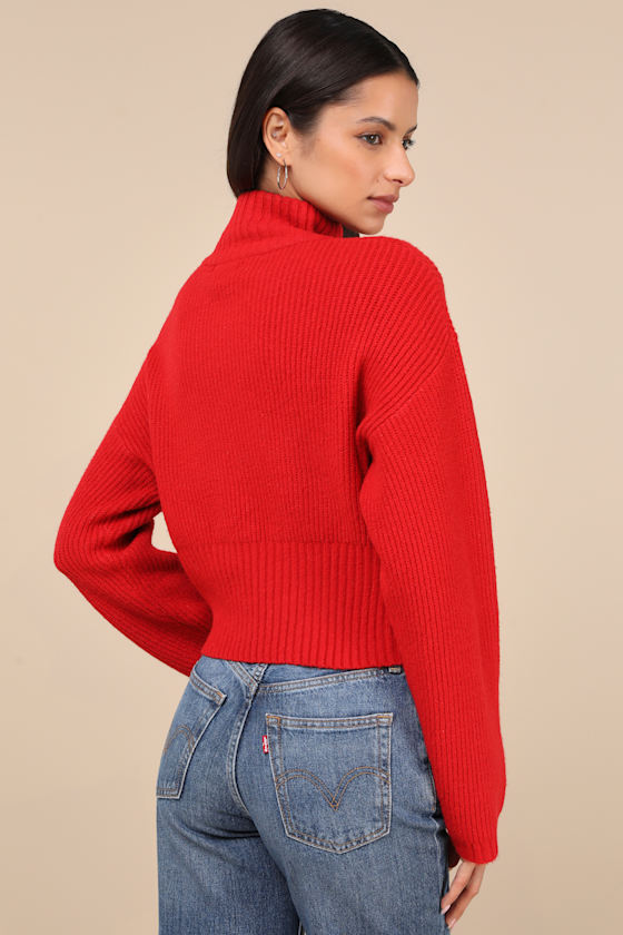 Lulus Snuggly Days Red Cropped Mock Neck Sweater In Red