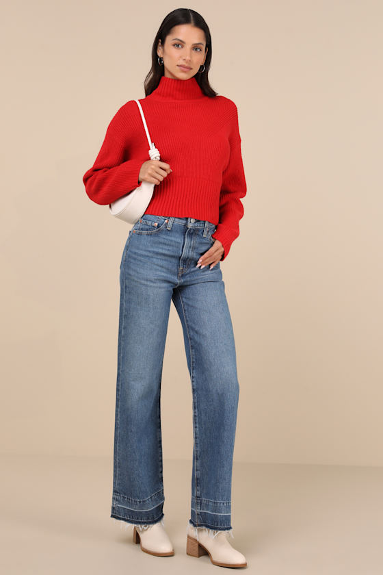 Lulus Snuggly Days Red Cropped Mock Neck Sweater In Red