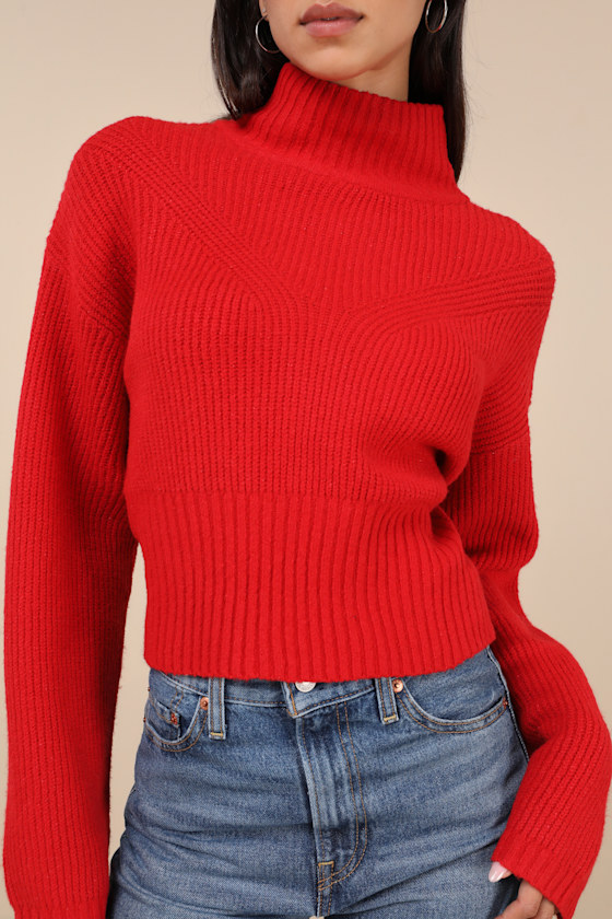 Lulus Snuggly Days Red Cropped Mock Neck Sweater In Red