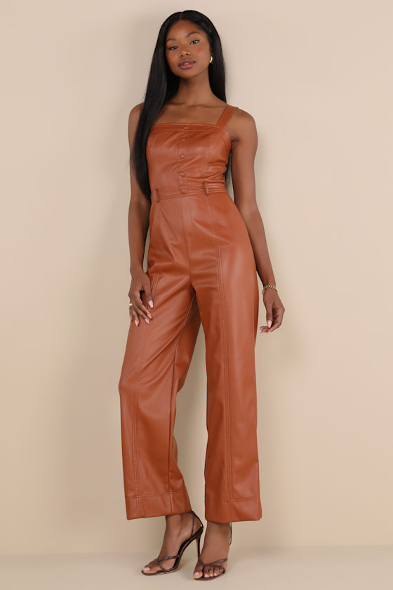 Trendiest Cutie Brown Vegan Leather Straight Leg Jumpsuit 2