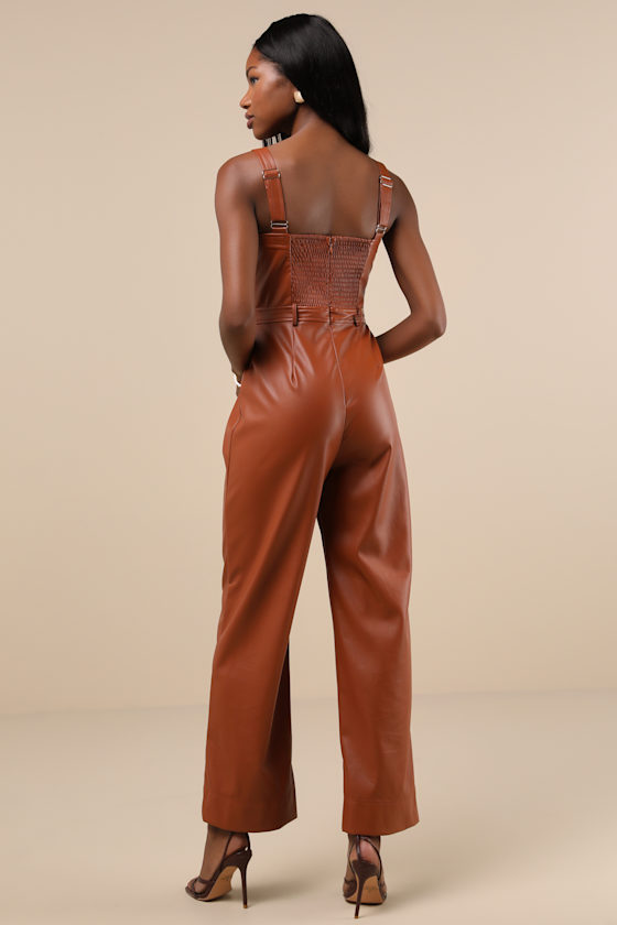 Trendiest Cutie Brown Vegan Leather Straight Leg Jumpsuit 3