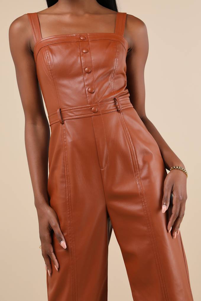 Trendiest Cutie Brown Vegan Leather Straight Leg Jumpsuit