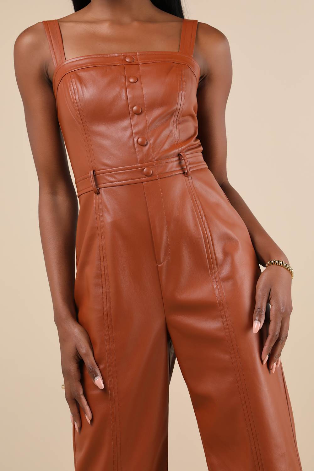 Trendiest Cutie Brown Vegan Leather Straight Leg Jumpsuit