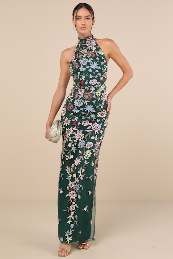 Lulus Infinite Praise Emerald 3d Floral Embroidered Halter Maxi Dress In Green
