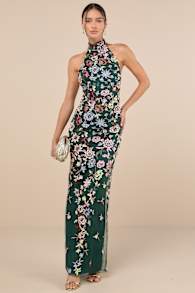 Infinite Praise Emerald 3D Floral Embroidered Halter Maxi Dress 5
