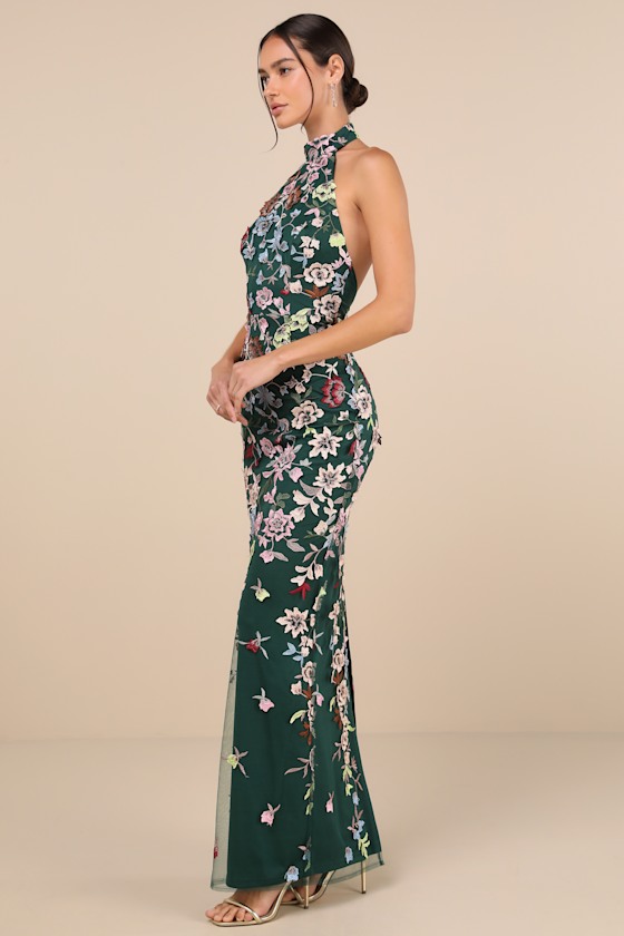 Emerald Floral Applique Dress - Halter Maxi Dress - Floral Dress - Lulus