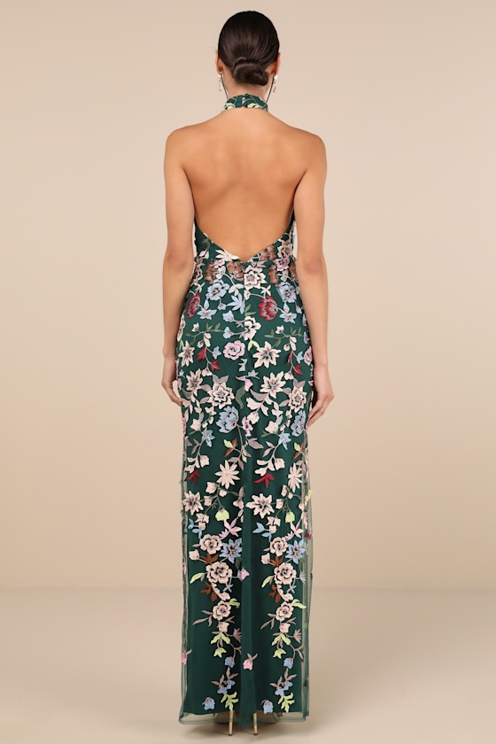 Lulus Infinite Praise Emerald 3d Floral Embroidered Halter Maxi Dress In Green