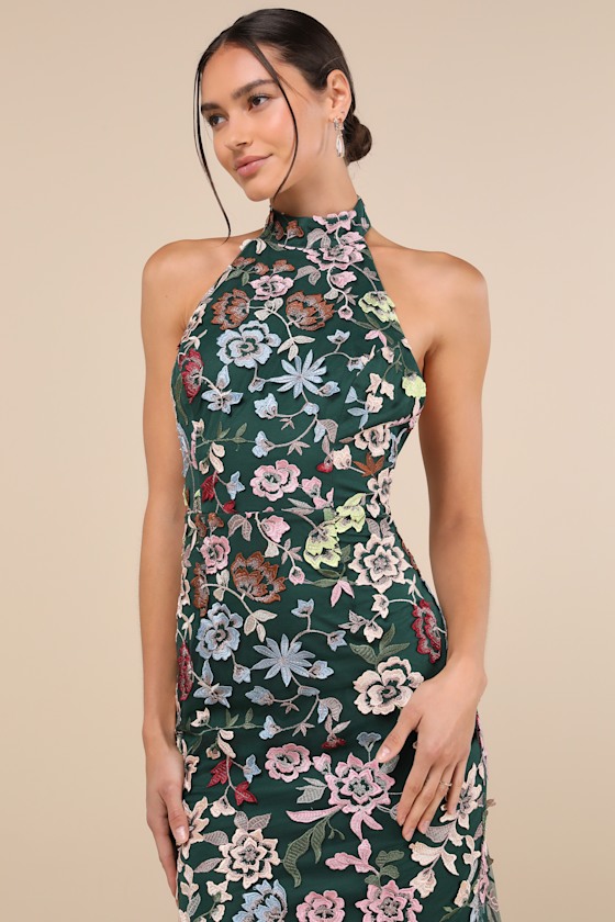 Lulus Infinite Praise Emerald 3d Floral Embroidered Halter Maxi Dress In Green