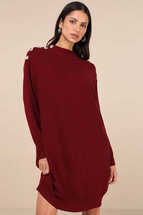 Lulus Cozy Stroll Wine Red Mock Neck Button Mini Sweater Dress In Wine Red