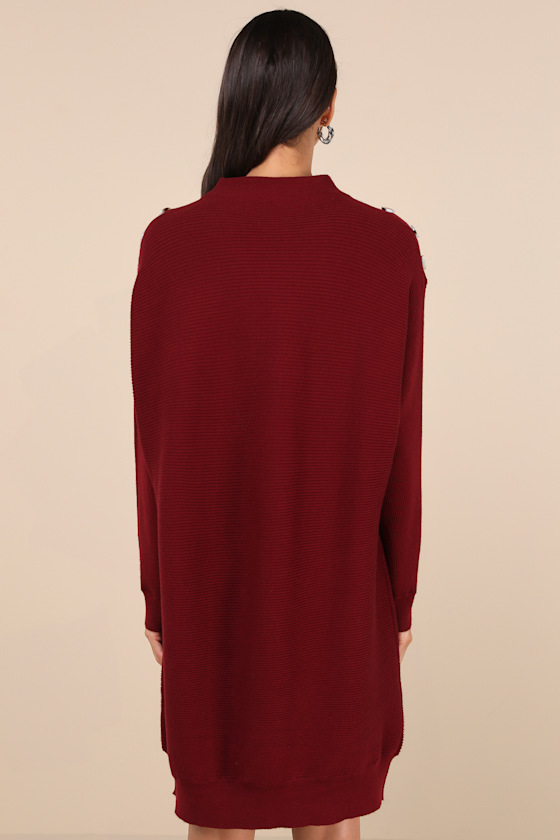 Lulus Cozy Stroll Wine Red Mock Neck Button Mini Sweater Dress In Wine Red