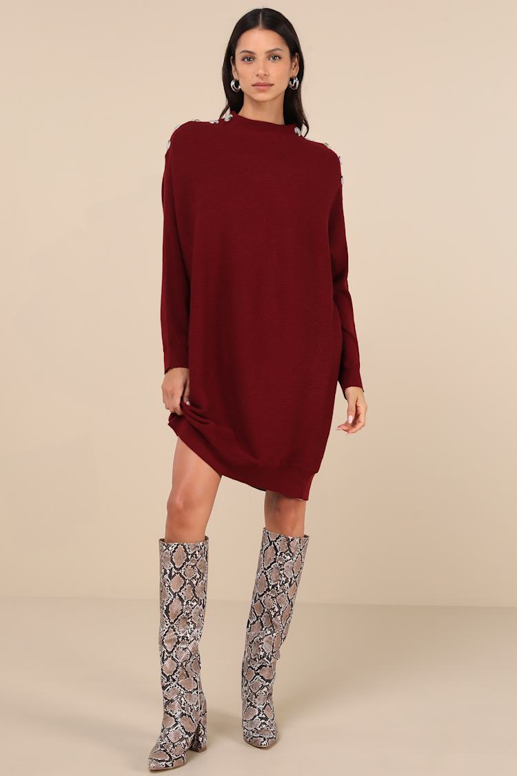 Wine Red Mini Sweater Dress - Button Dress - Dolman Sleeve Dress - Lulus
