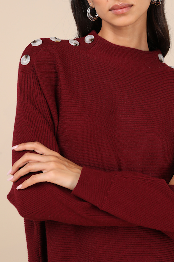 Lulus Cozy Stroll Wine Red Mock Neck Button Mini Sweater Dress In Wine Red
