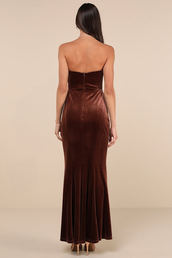 Perfectly Captivating Brown Velvet Strapless Maxi Dress 5