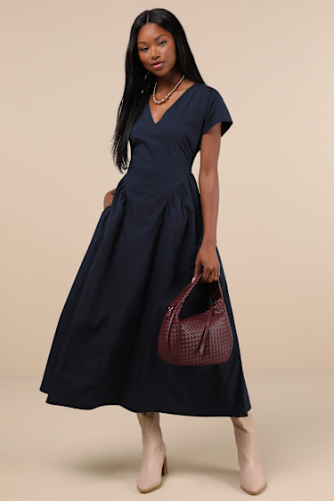 Navy Short Sleeve Dress V-Neck Midi Dress Dress With Pockets