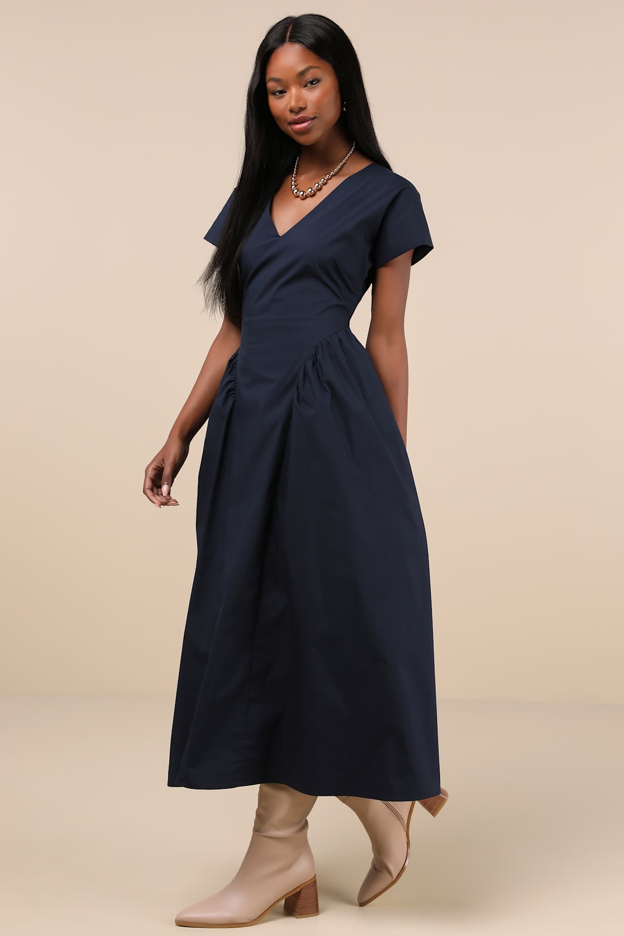 Modern Concept Navy Short Sleeve V-Neck Midi Dress With Pockets