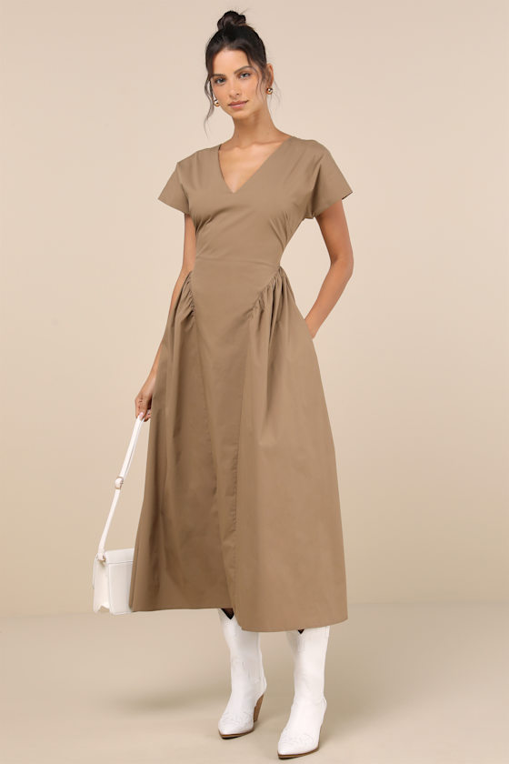Modern Concept Khaki Short Sleeve V-Neck Midi Dress With Pockets 4