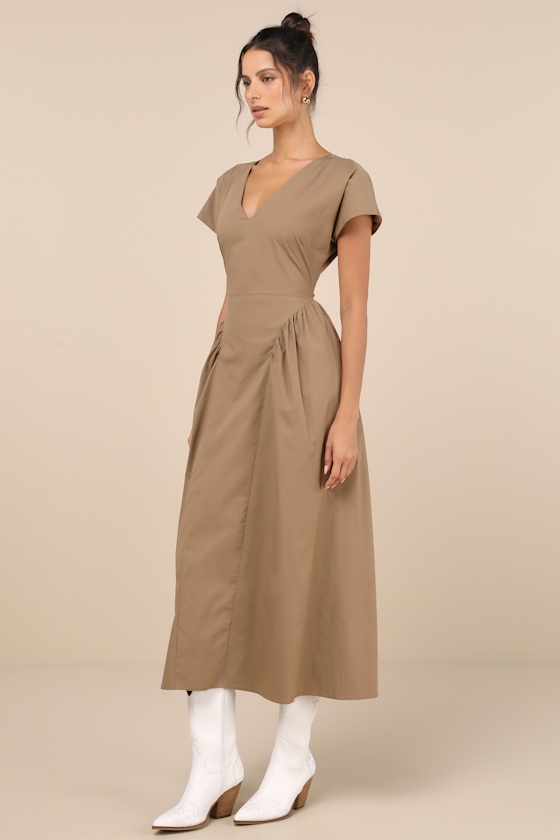 Lulus Modern Concept Khaki Short Sleeve V-neck Midi Dress With Pockets In Beige