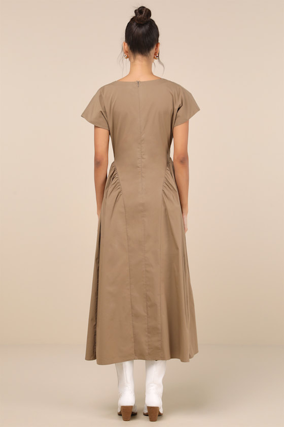 Lulus Modern Concept Khaki Short Sleeve V-neck Midi Dress With Pockets In Beige