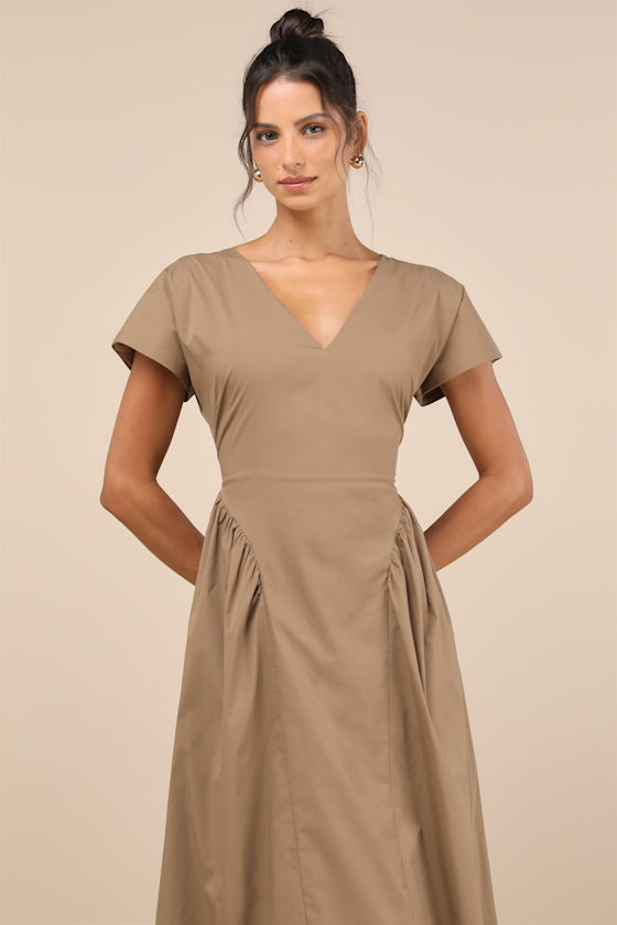 Lulus Modern Concept Khaki Short Sleeve V-neck Midi Dress With Pockets In Beige