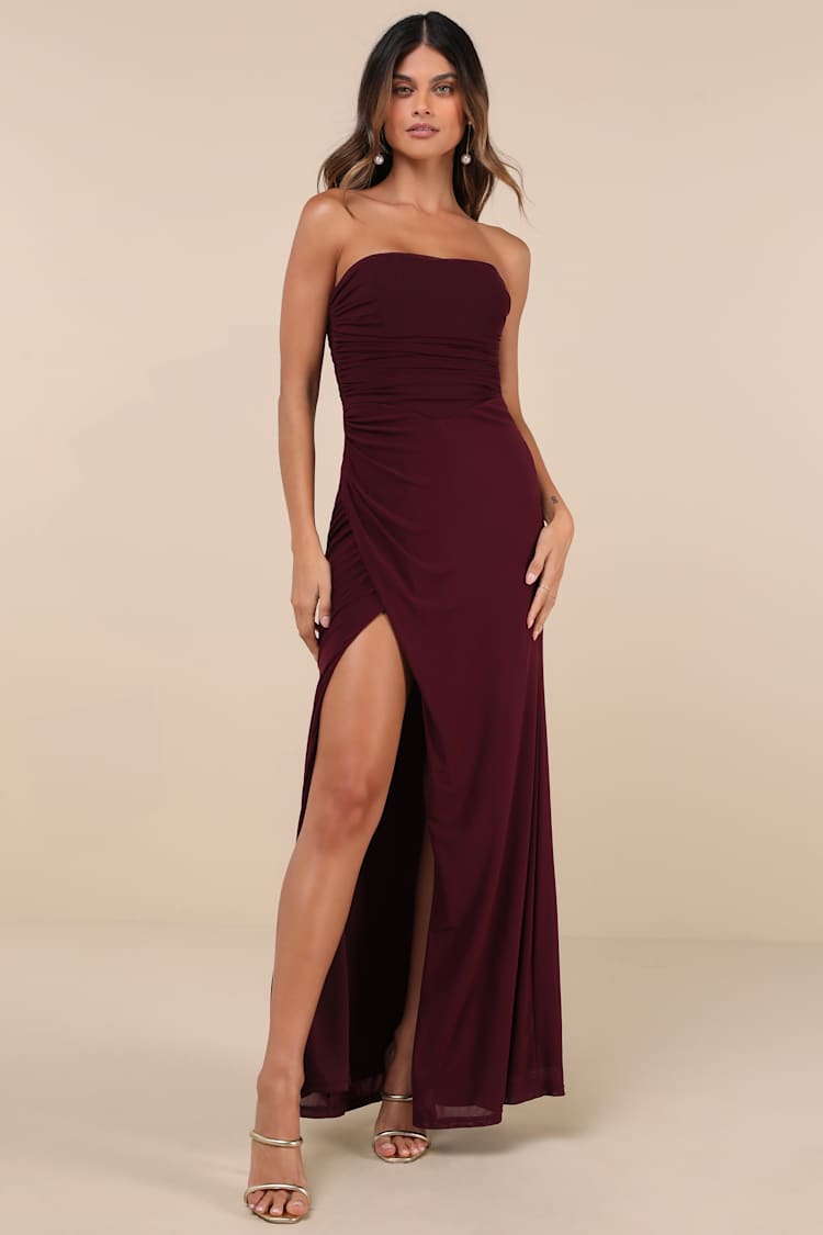 Purple Mesh Strapless Ruched Tulip Maxi Dress | Womens | X-Small (Available in L) | 100% Polyester | Lulus | Holiday Dresses Purple Mesh Strapless Ruched Tulip Maxi Dress | Womens | X-Small (Available in L) | 100% Polyester | Lulus | Holiday Dresses