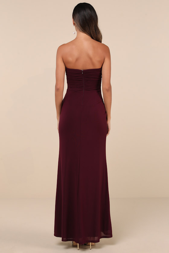Lulus Epitome Of Allure Purple Mesh Strapless Ruched Tulip Maxi Dress In Purple