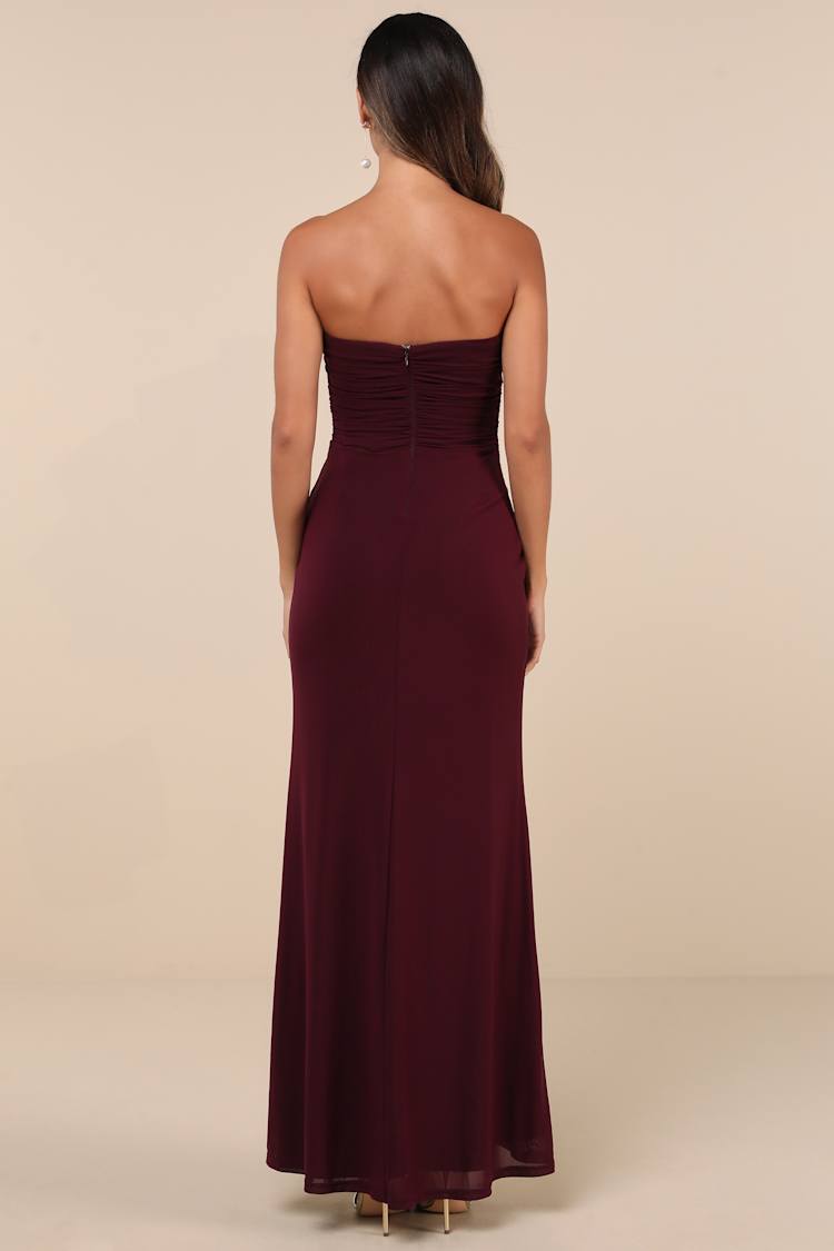 Epitome of Allure Purple Mesh Strapless Ruched Tulip Maxi Dress