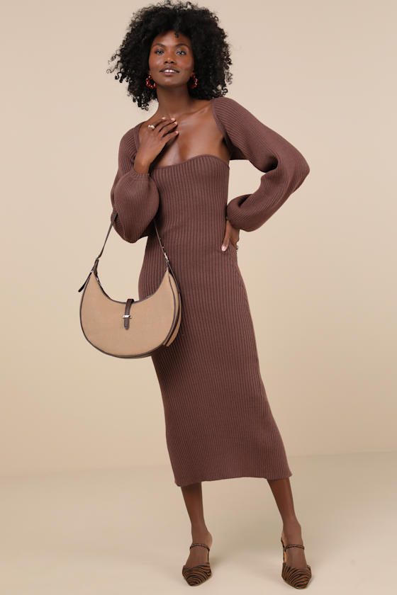 Lulus Autumn Aura Brown Ribbed Two-piece Sweater Dress In Brown