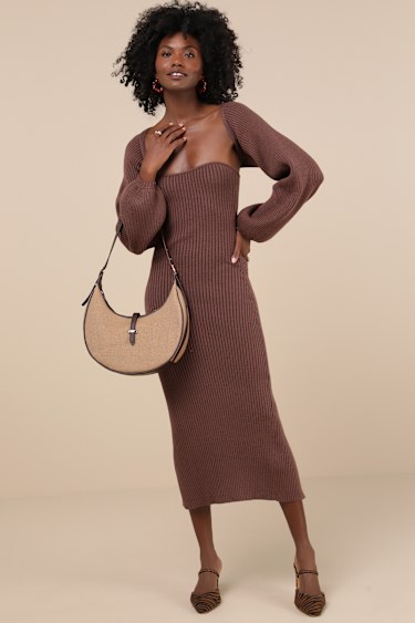 Autumn Aura Brown Ribbed Two-Piece Sweater Dress