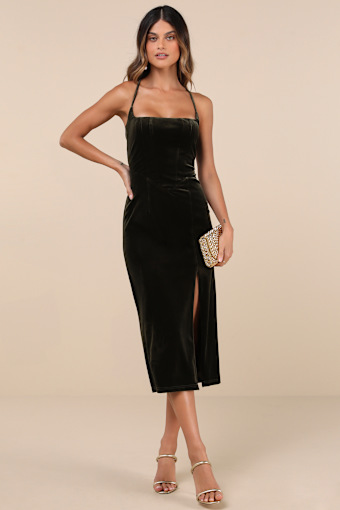Gorgeous Composure Olive Velvet Lace-Up Sleeveless Midi Dress 3