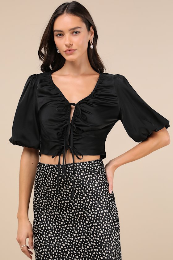 Lulus Romantic Snapshot Black Satin Puff Sleeve Tie-front Top In Black