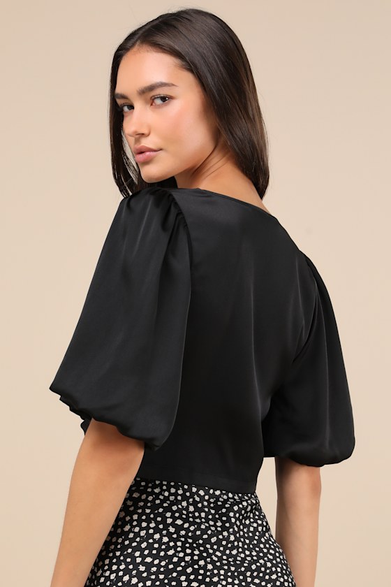 Lulus Romantic Snapshot Black Satin Puff Sleeve Tie-front Top In Black