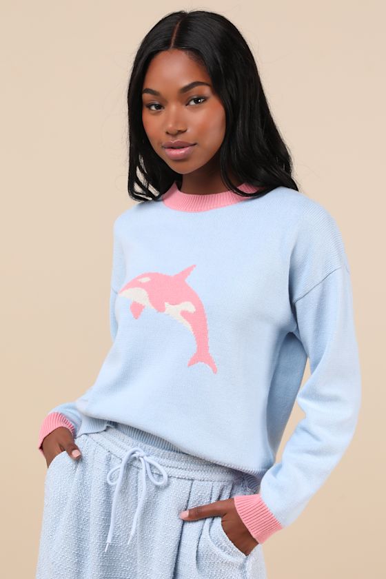 Orca Light Blue and Pink Crew Neck Graphic Sweater 4