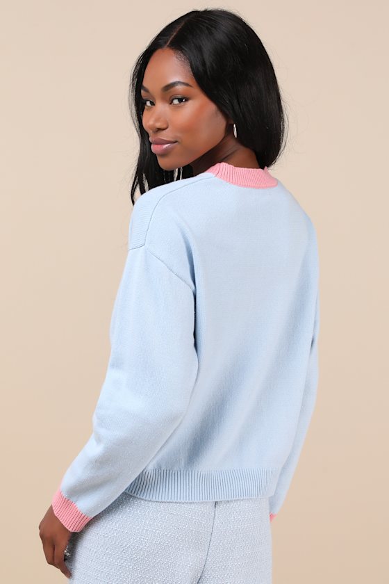 Orca Light Blue and Pink Crew Neck Graphic Sweater 5