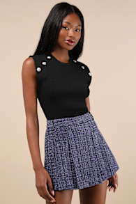 Adored Pose Navy Blue Tweed Lurex Pleated High Rise Skort 4