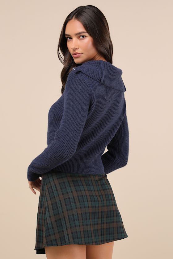 Cozy Inclination Navy Blue Cropped Zip-Front Collared Sweater 1