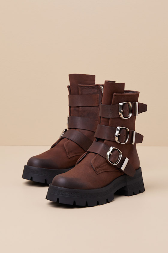 Steve Madden Roland Brown Leather Buckle Moto Ankle Boots In Brown