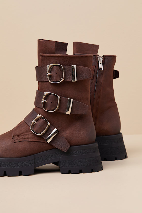 Steve Madden Roland Brown Leather Buckle Moto Ankle Boots In Brown