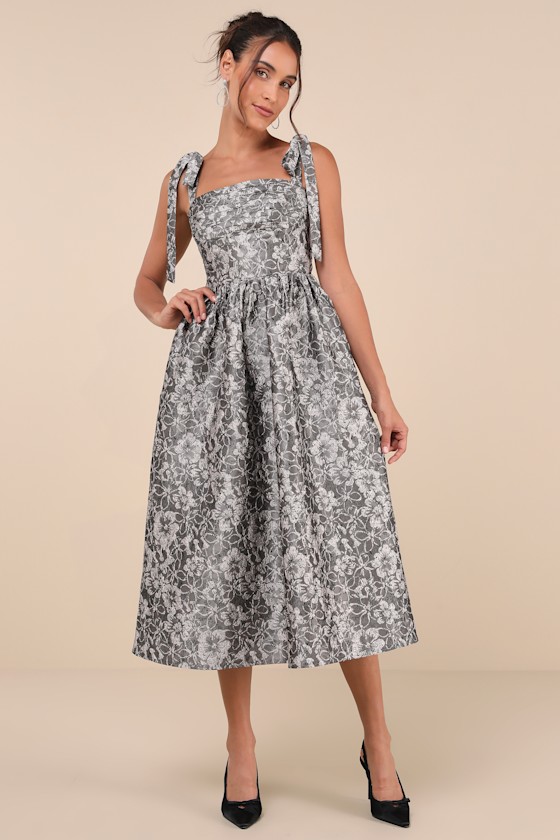 Successfully Chic Grey Jacquard Pleated Tie-Strap Midi Dress 1