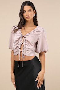 Romantic Snapshot Mauve Satin Puff Sleeve Tie-Front Top 4