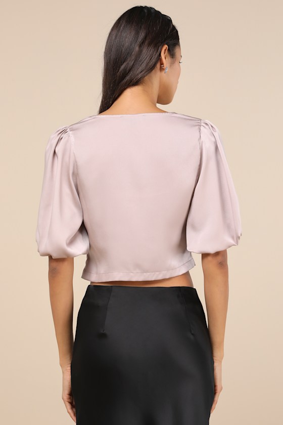LULUS ROMANTIC SNAPSHOT MAUVE SATIN PUFF SLEEVE TIE-FRONT TOP