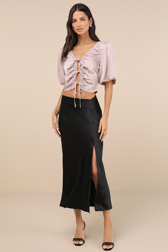 LULUS ROMANTIC SNAPSHOT MAUVE SATIN PUFF SLEEVE TIE-FRONT TOP
