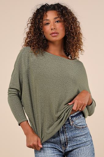 Verla Olive Green Dolman Sleeve Sweater Top 1