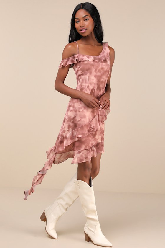 GLAMOROUS ETHEREAL MOOD MAUVE ABSTRACT RUFFLED ASYMMETRICAL MINI DRESS