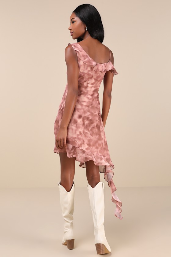 GLAMOROUS ETHEREAL MOOD MAUVE ABSTRACT RUFFLED ASYMMETRICAL MINI DRESS