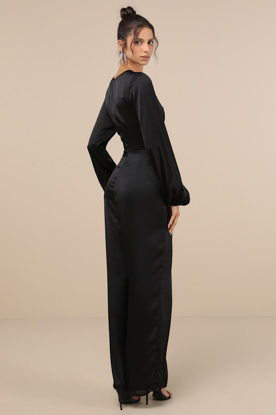 Lulus Iconic Influence Black Long Sleeve Faux-wrap Wide-leg Jumpsuit In Black