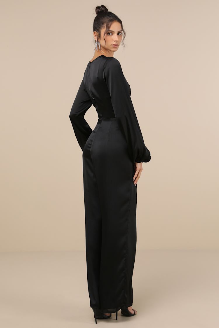 Iconic Influence Black Long Sleeve Faux-Wrap Wide-Leg Jumpsuit