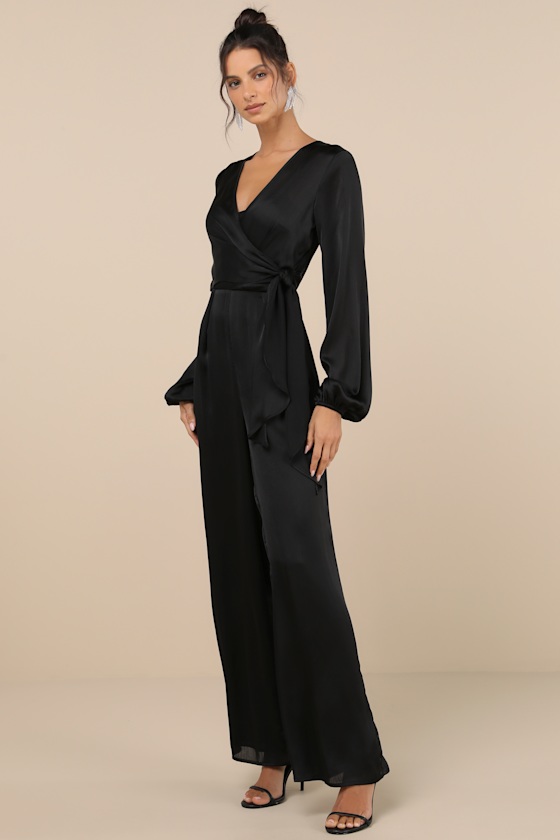 Lulus Iconic Influence Black Long Sleeve Faux-wrap Wide-leg Jumpsuit In Black