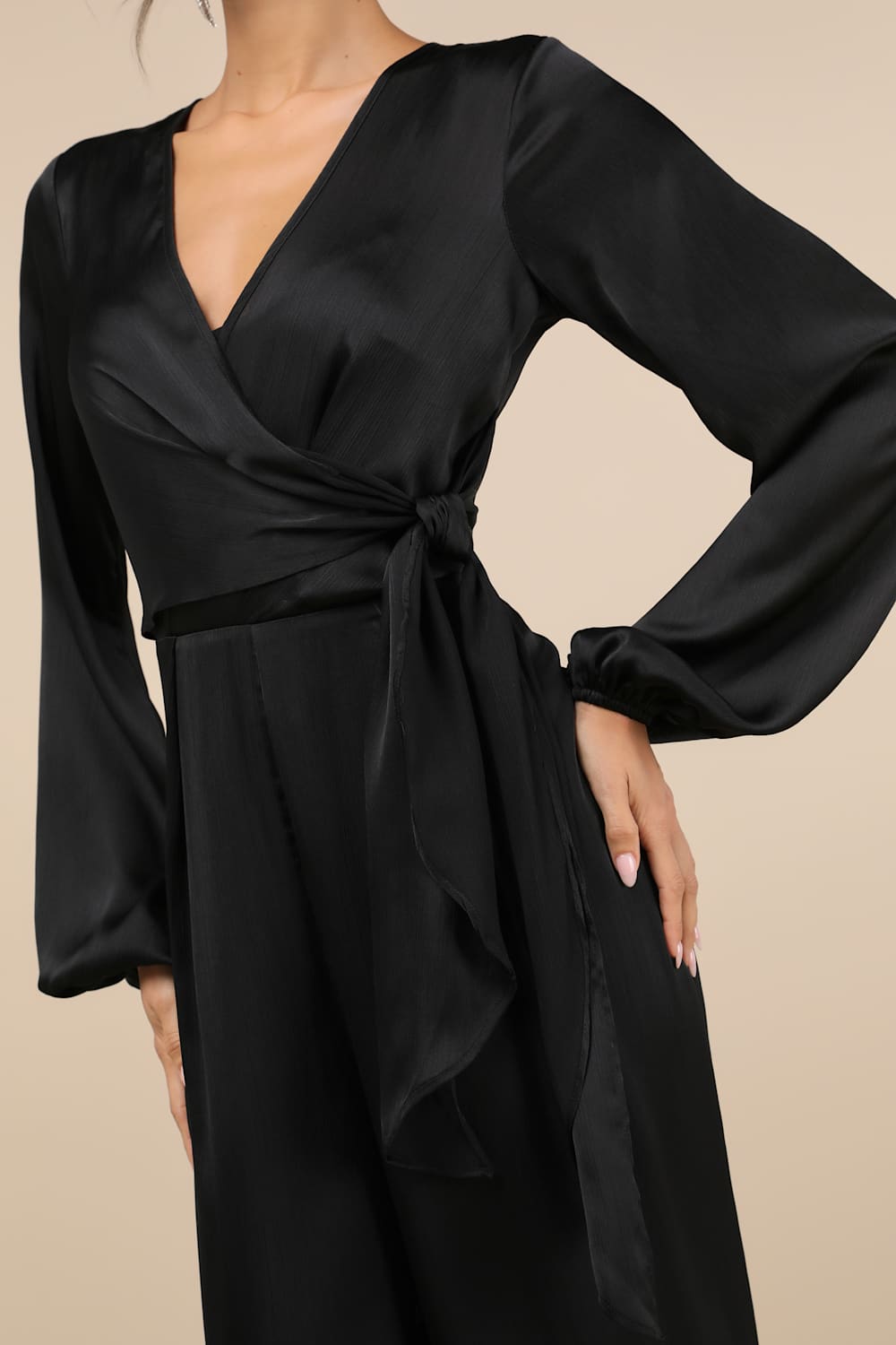Iconic Influence Black Long Sleeve Faux-Wrap Wide-Leg Jumpsuit