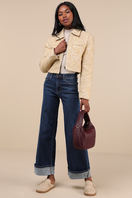 Palazzo Dark Wash Denim Cuffed High Rise Wide-Leg Jeans 2