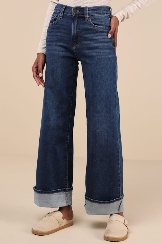 Palazzo Dark Wash Denim Cuffed High Rise Wide-Leg Jeans 3